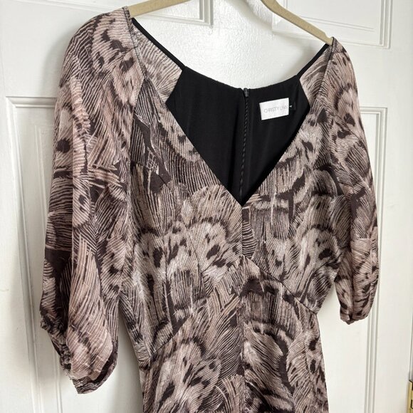 Christy Lynn Julie Dress Maxi Long Feather Jacquard Brown White Print Sleeve S 4 - Picture 4 of 10